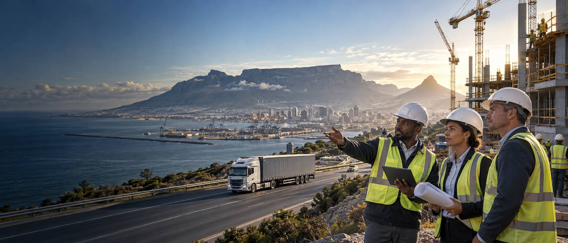 Project team in hard hats overlooking a Cape Town construction site, with a truck on the highway and Table Mountain behind