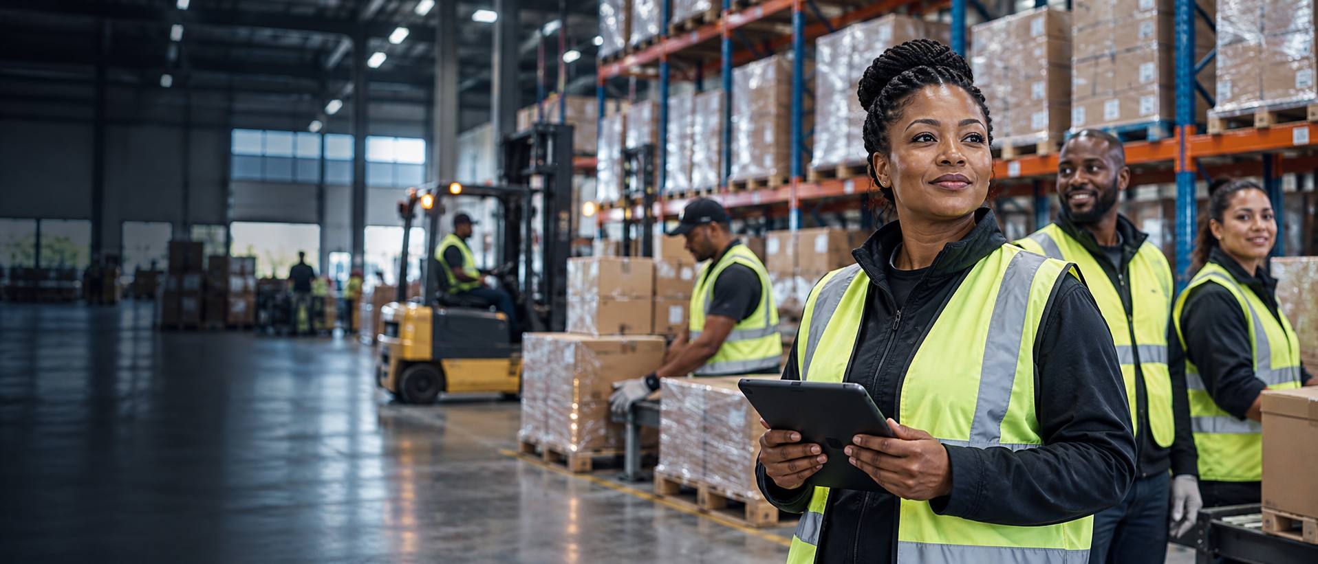 Warehouse operations supervisor with a tablet alongside her team
